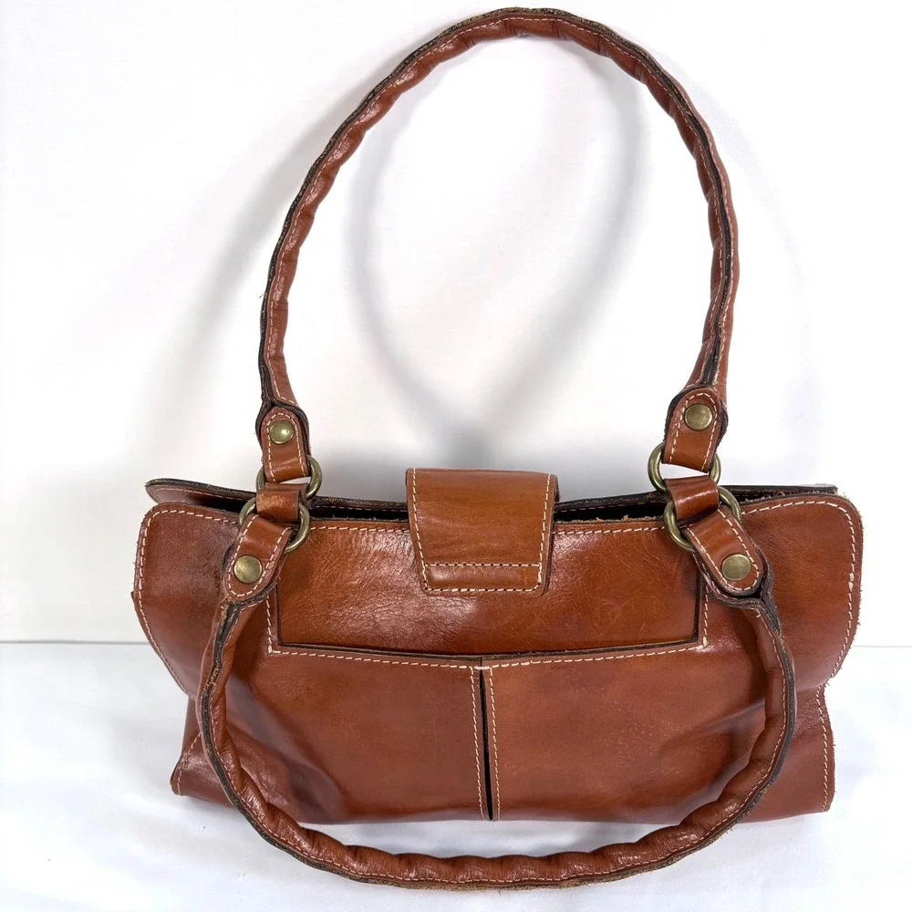 Patricia Nash Rienzo Satchel Tan Leather Shoulder Bag Contrast Stitching